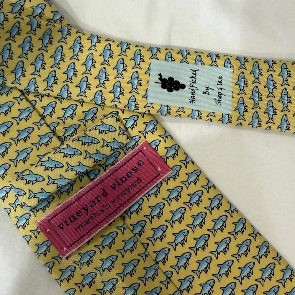Vineyard Vines Yellow and Blue Shark Pattern All Over Print 100% Silk Tie
